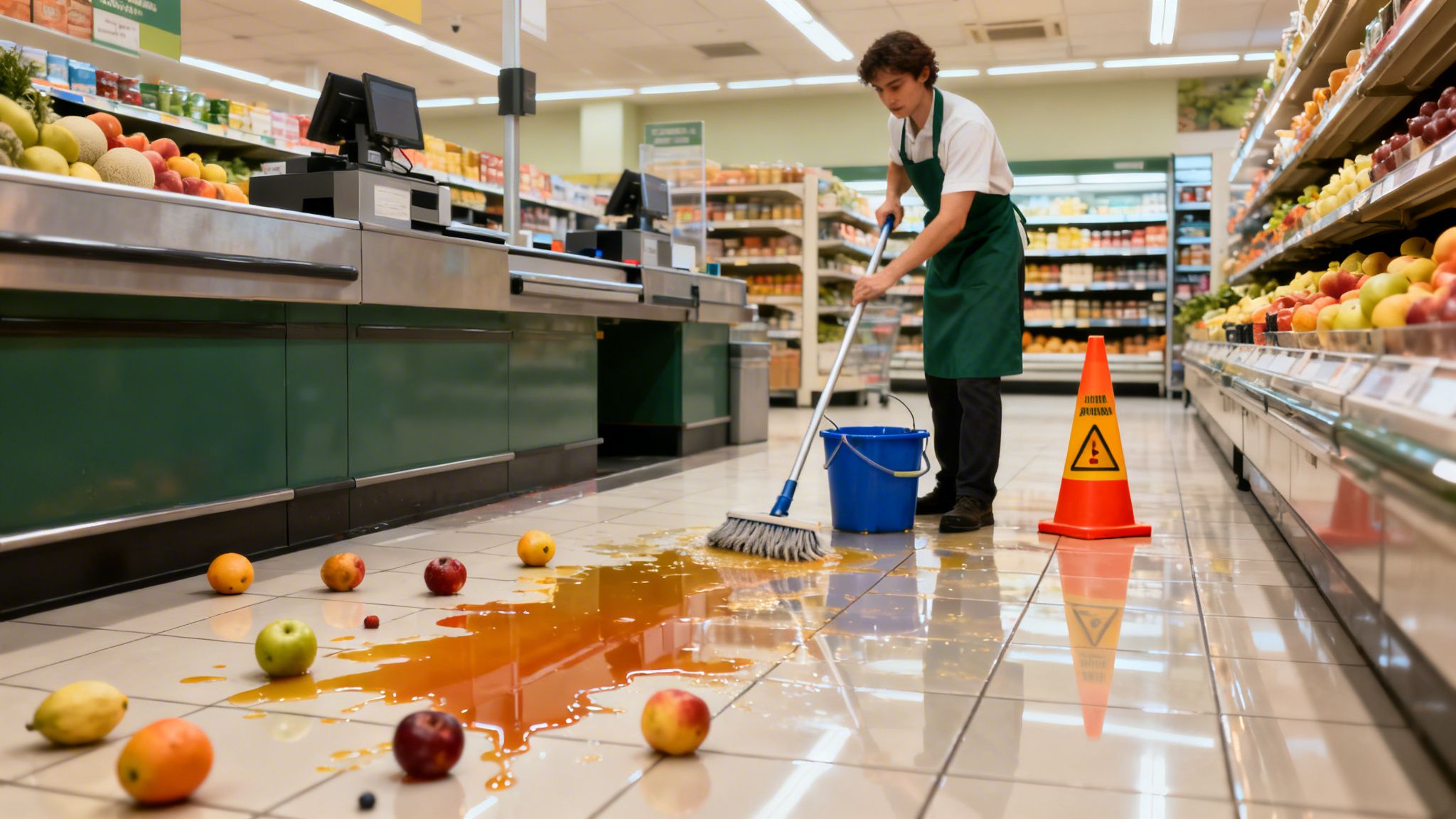 Ung mand gør rent efter spildt væske og frugt på gulvet i et supermarked med en advarselskegle.