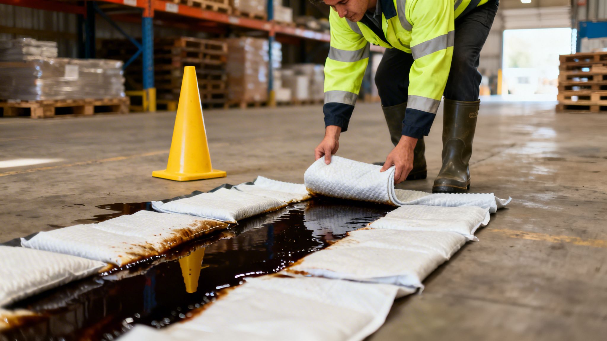 Medarbejder rydder op i et mørkt væskespild på et lagergulv med absorberende måtter og en sikkerhedskegle.