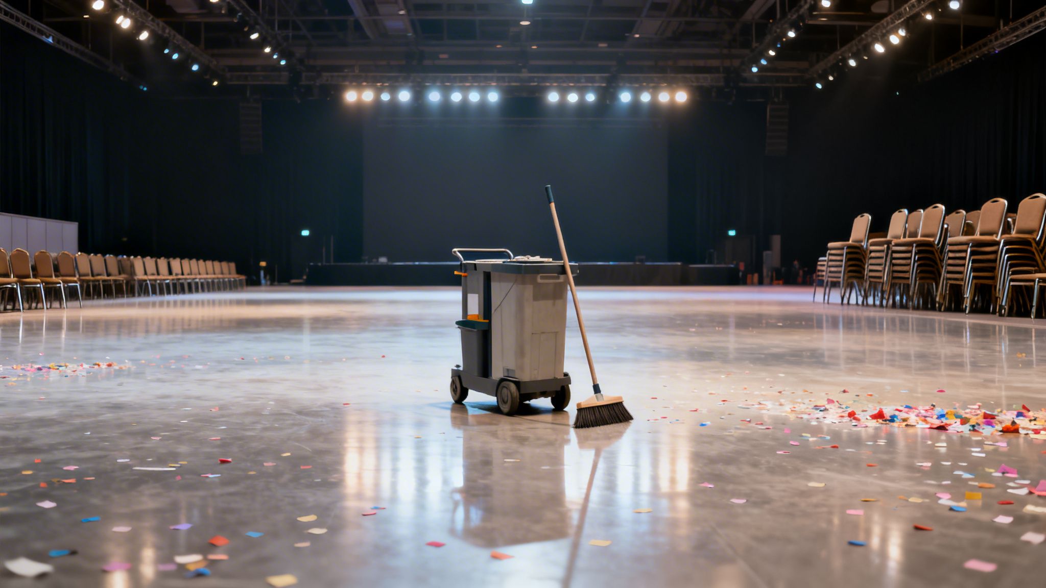 En tom hal med konfetti på gulvet, en rengøringsvogn og kost, klar til oprydning efter en begivenhed.