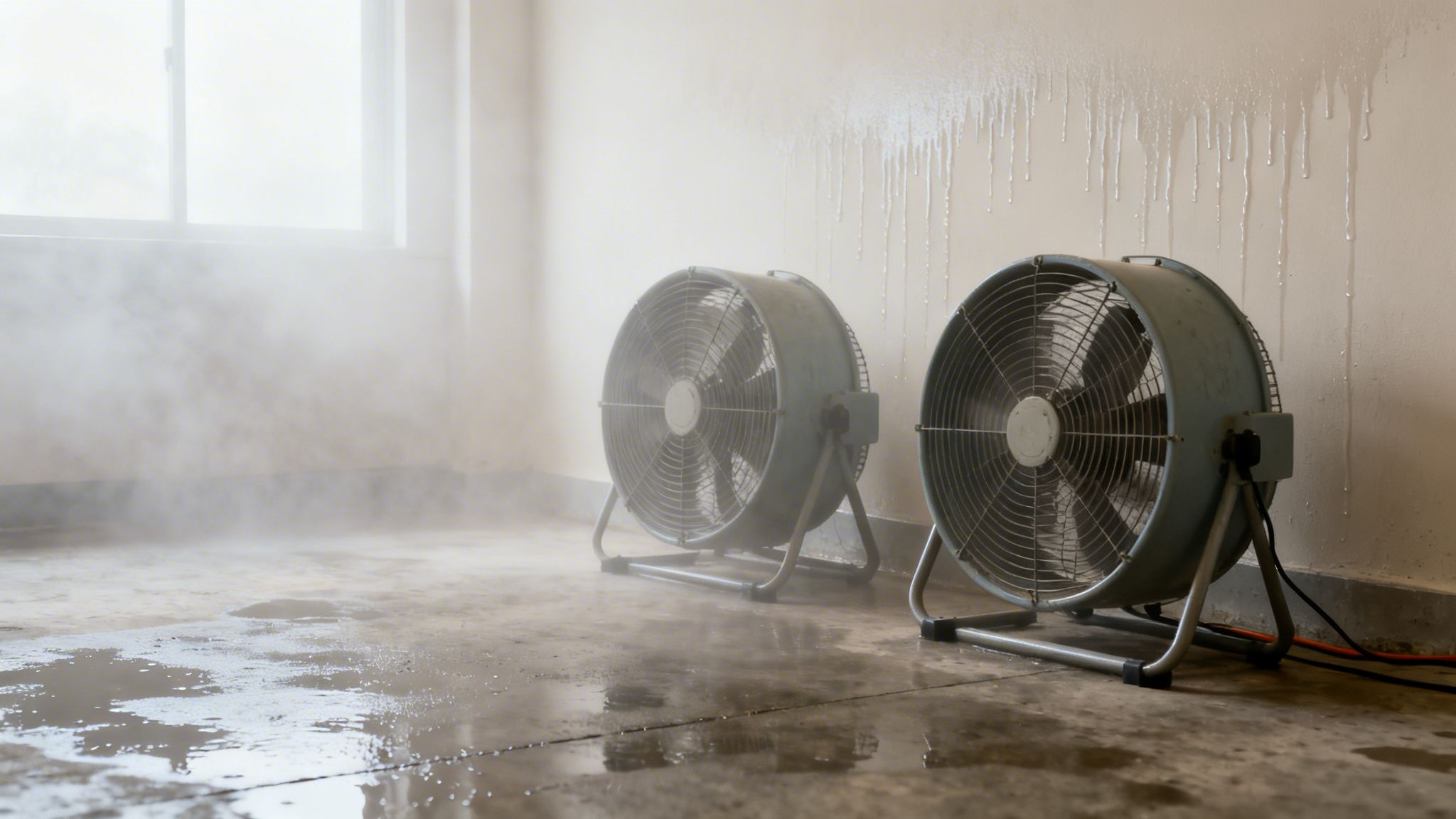 To store ventilatorer tørrer et fugtigt rum med vanddråber på væggen og damp på gulvet.