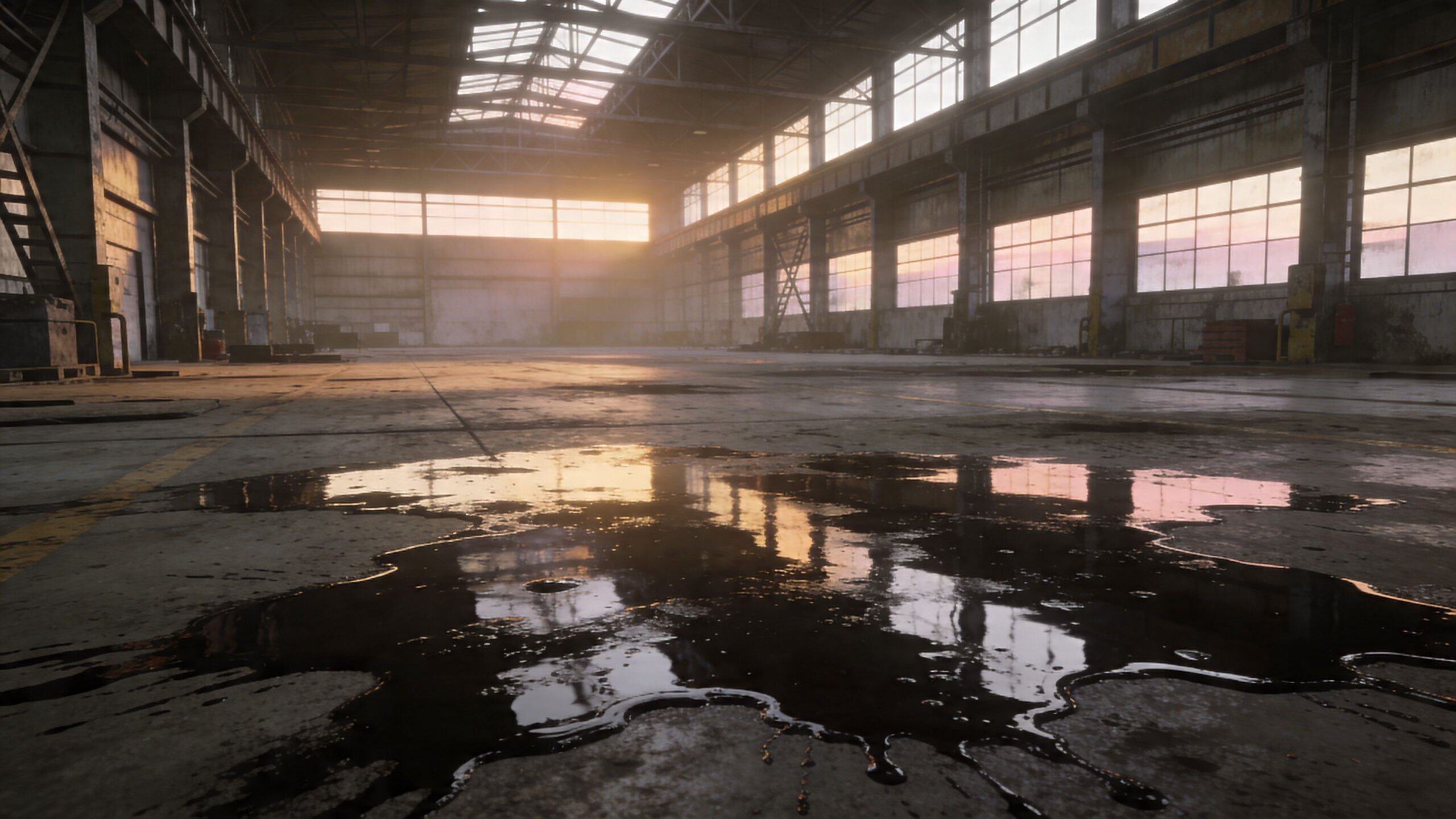 En stor, tom lagerhal med betonunderlag og en reflekterende olieplet på det beskidte industrielle gulv ved solnedgang.