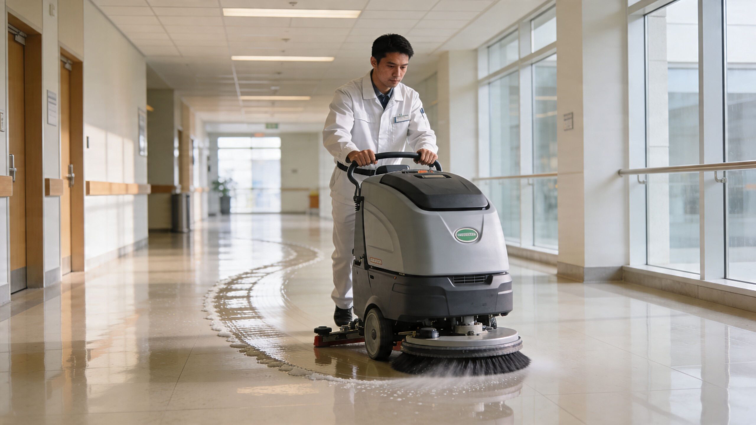 En professionel rengøringsassistent kører en stor maskine til gulvvask gennem en lang og lys hospitalsgang.