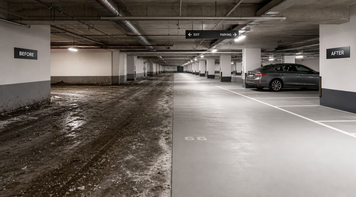 Et sammenligningsbillede af en parkeringskælder der viser tilstanden før og efter en professionel rengøring og renovering.