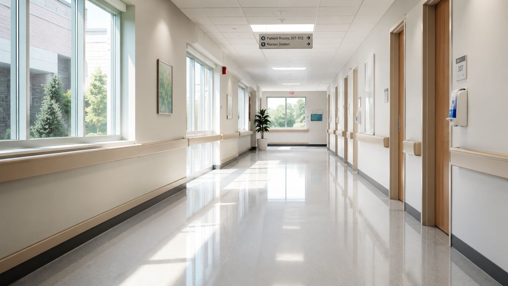 En lys og ren hospitalsgang med hvide vægge, trædøre og store vinduer der giver naturligt dagslys.