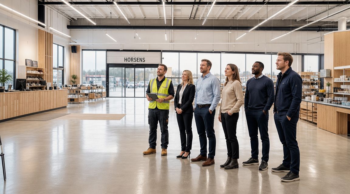 En gruppe professionelle folk og en byggeleder står i en moderne lagerbygning i Horsens til fremvisning.