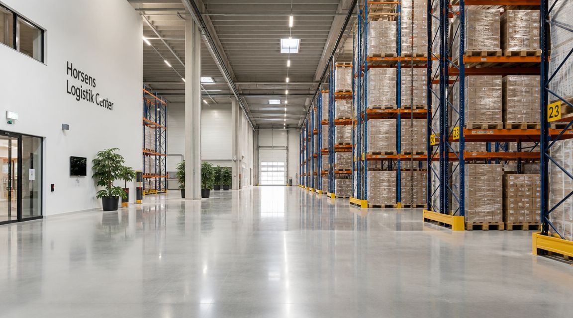 Et lyst og moderne lagerlokale hos Horsens Logistik Center med store reolsystemer fyldt med pallevarer på række.