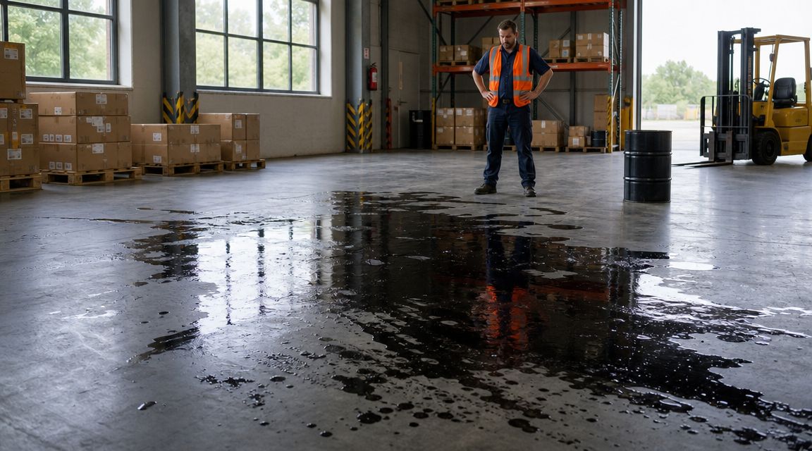 En lagerarbejder står bekymret og kigger på et stort spild af olie på betongulvet i lagerhallen.