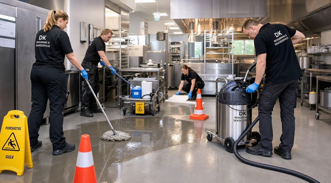 Professionelle rengøringsmedarbejdere fra DK Rengøring og Skadeservice arbejder på at fjerne vand fra et industrikøkken.