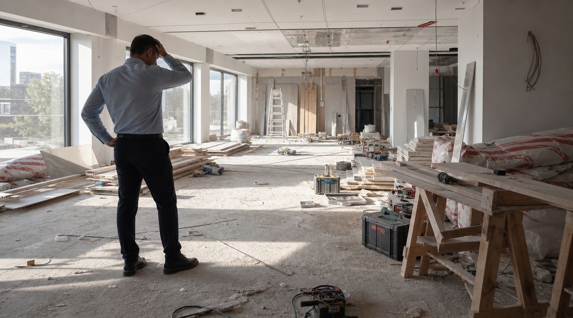 En mand i skjorte og habitbukser betragter et ufærdigt kontorlokale under renovering med byggeaffald og værktøj.