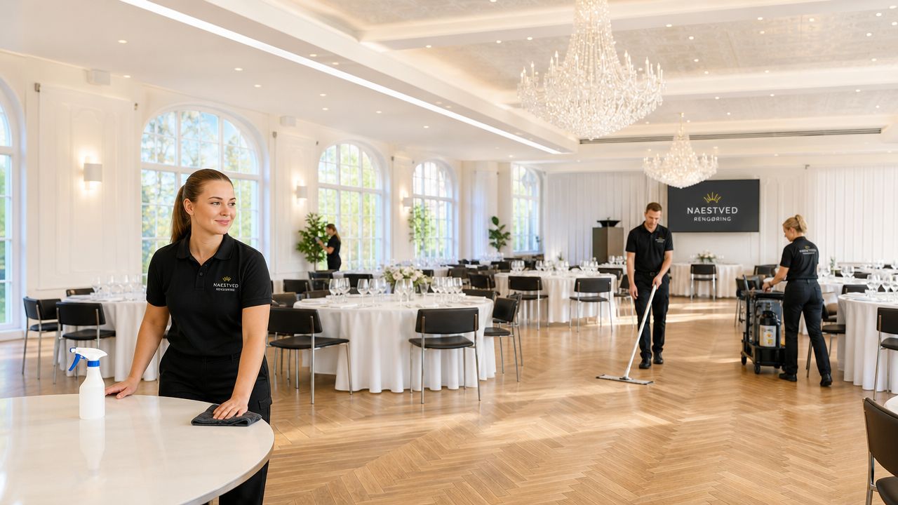 Professionelt rengøringsteam i uniform der rengør og klargør et elegant festlokale med runde borde.
