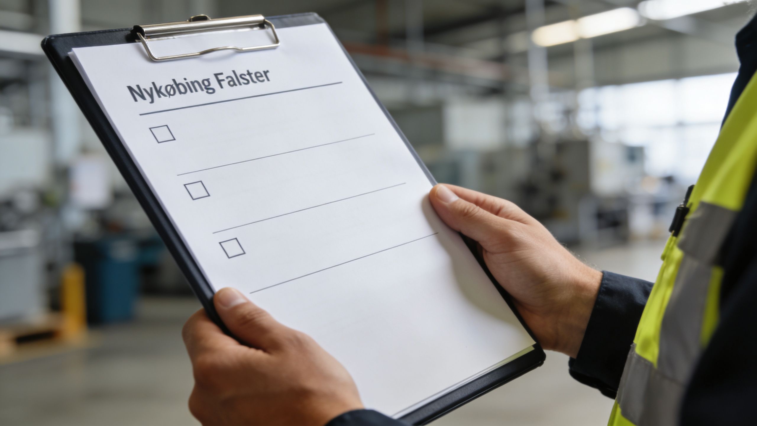 En person i arbejdstøj holder en mappe med en tjekliste med teksten Nykøbing Falster i et lagerlokale.