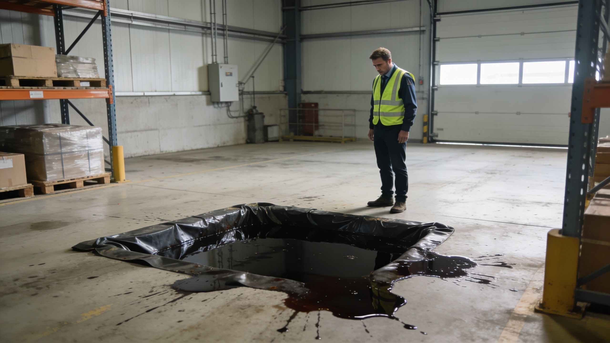 En lagerarbejder i refleksvest står og ser bekymret på en stor oliepøl på lagergulvet i Nykøbing Falster.