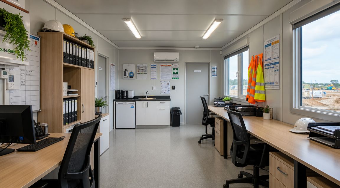 Et moderne kontor i en skurvogn på en byggeplads med skriveborde, computere og nødvendigt sikkerhedsudstyr.