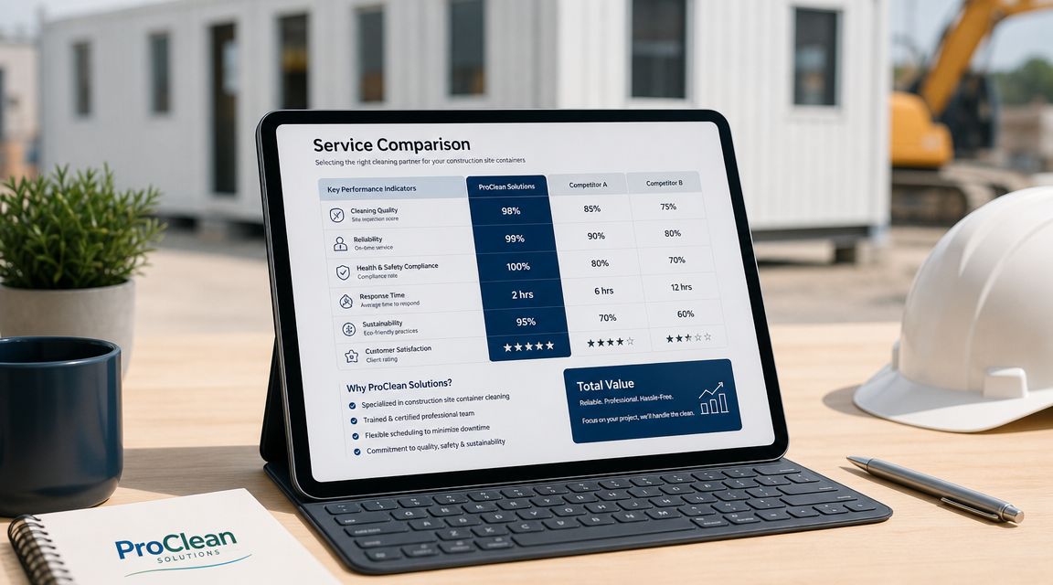 En tablet viser en tabel med sammenligning af rengøringsservices for skurvogne til byggepladser sammenlignet med konkurrenter.