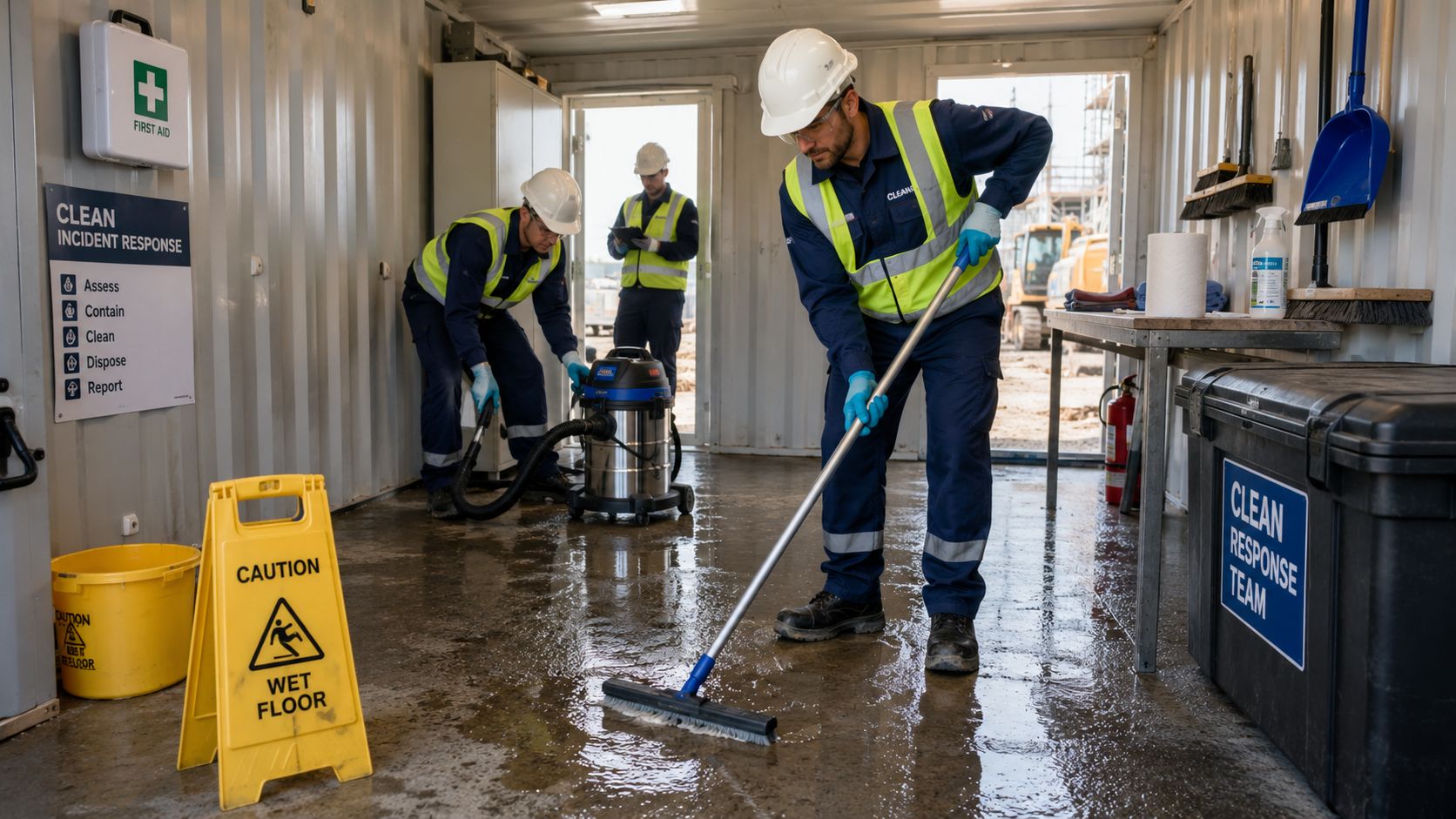 Tre medarbejdere i sikkerhedstøj udfører professionel rengøring af en skurvogn på en byggeplads med vand på gulvet.
