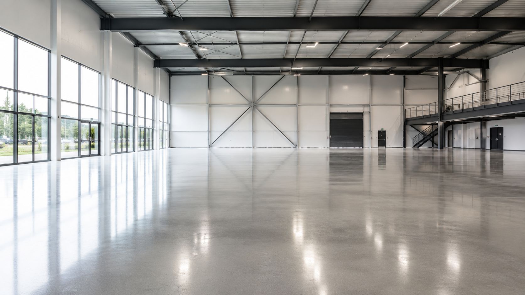 Et stort, lyst og tomt industrielt lagerlokale med polerede betongulve, store vinduespartier og moderne stålkonstruktioner i loftet.
