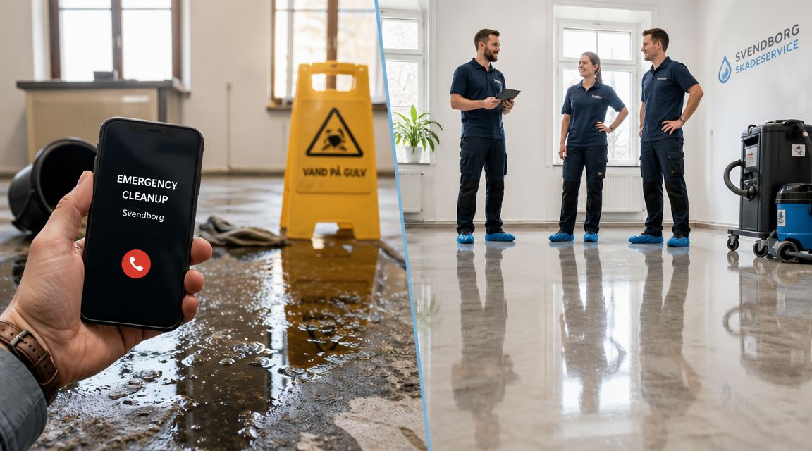 Hånd der holder en smartphone med nødsituation rengøring i Svendborg foran et vådt gulv og rengøringsteam.