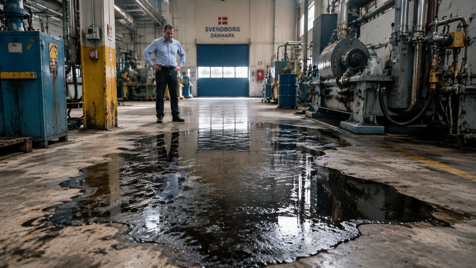 En mand står i en industribygning i Svendborg ved siden af en stor oliespild på betongulvet.