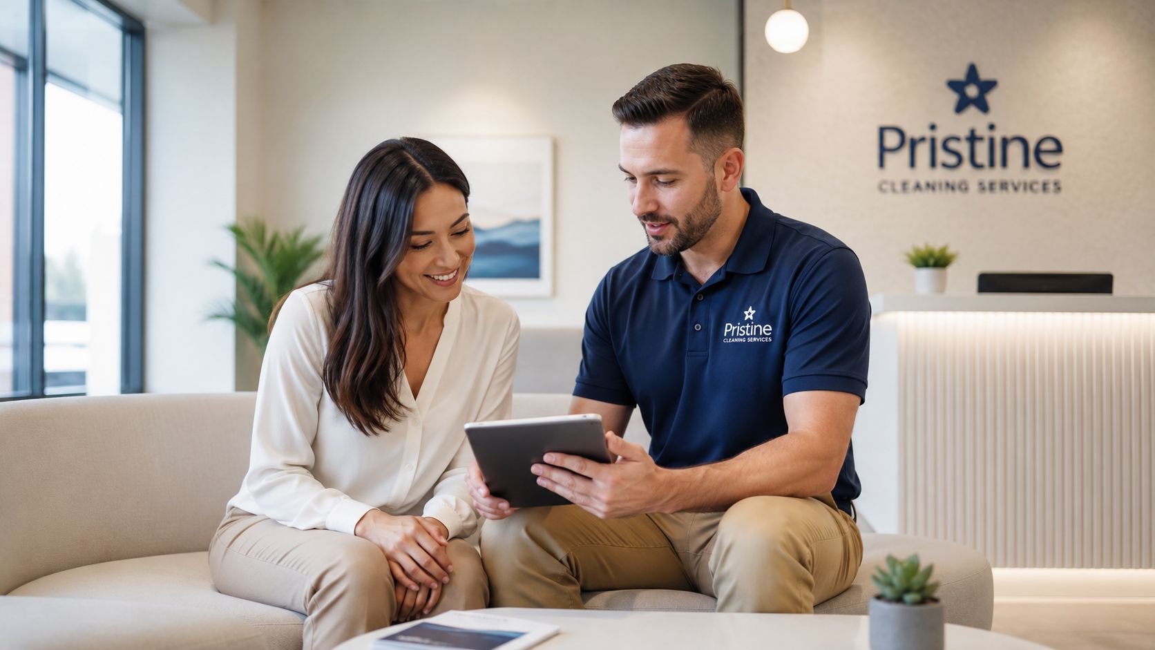 En professionel fra Pristine Cleaning Services viser en kvindelig kunde rengøringstilbud på en tablet i et kontormiljø.