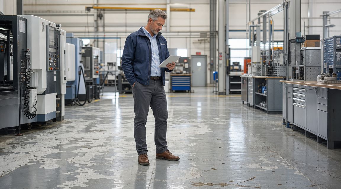 En midaldrende mand i jakke står på et epoxygulv i en produktionshal og ser på en tablet.