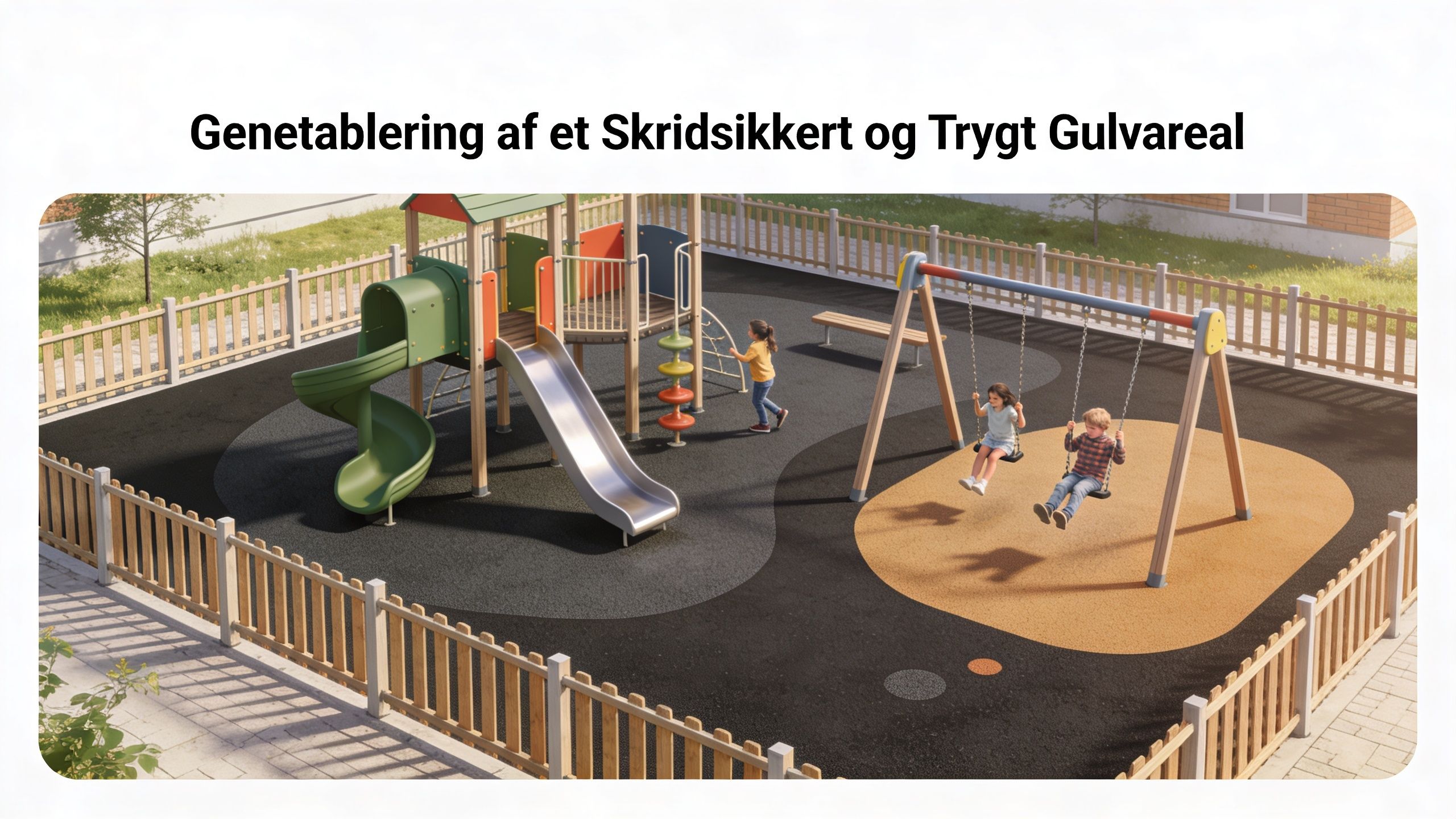 En legeplads med en rutsjebane og gynger placeret på et nyt, skridsikkert og blødt sikkerhedsunderlag i gummi.
