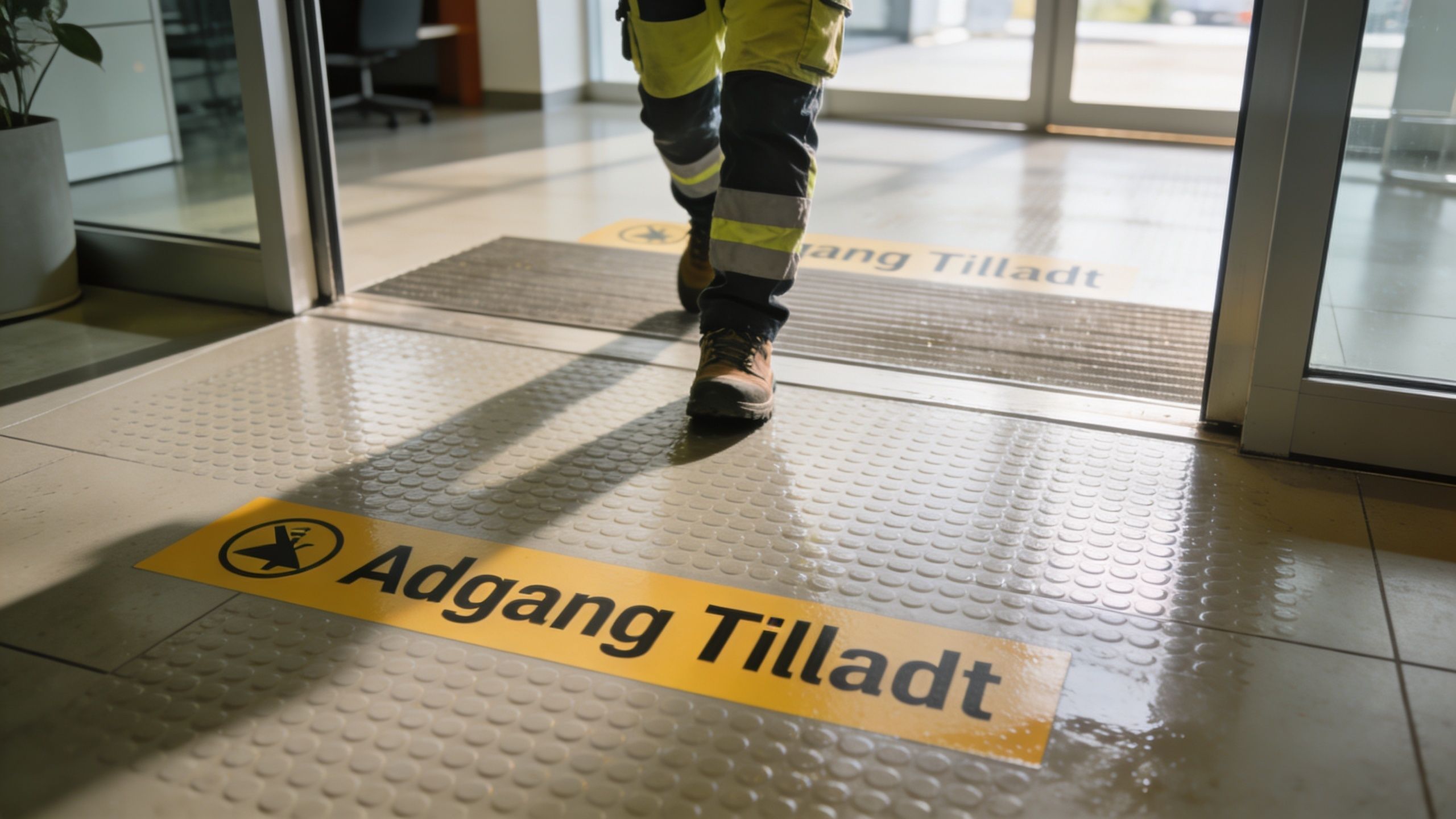 En medarbejder går hen over et markeret gulv med skiltet Adgang Tilladt efter en vandskade i bygningen.