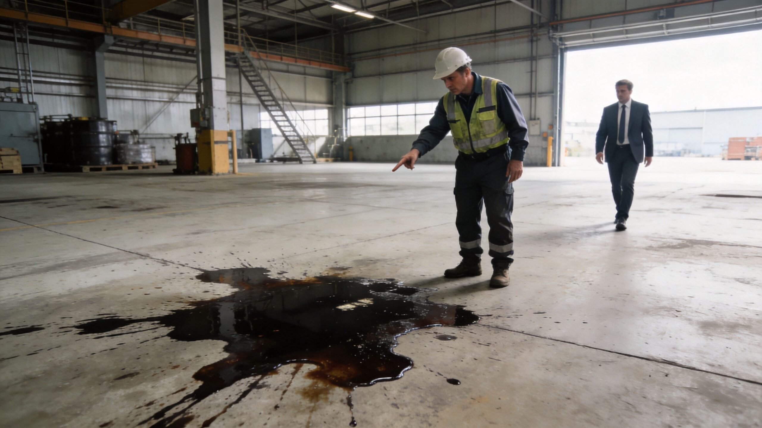 En fabriksarbejder viser en chef et stort oliespild på betongulvet i en stor industriel lagerhal.
