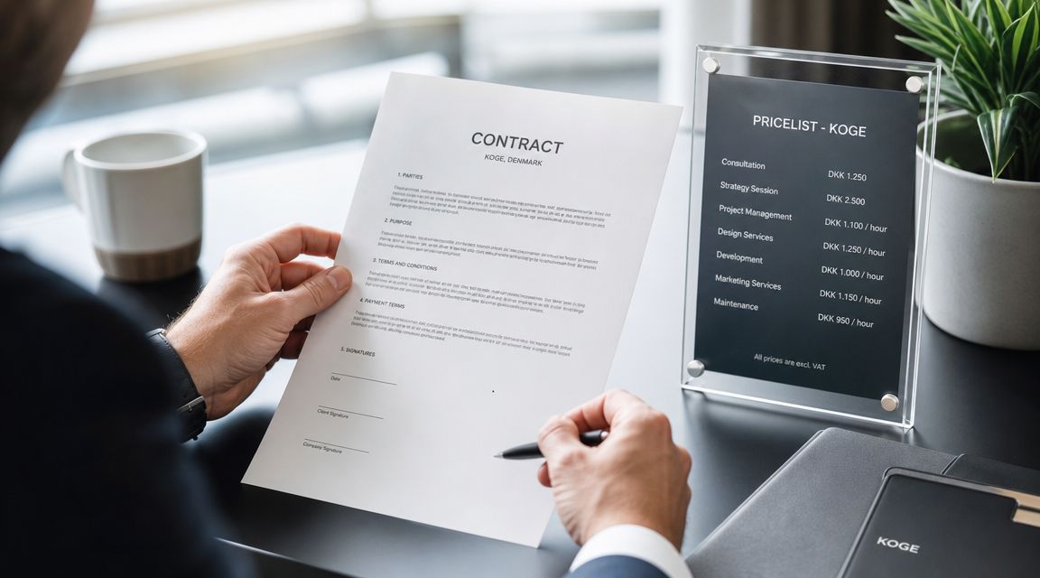 Forretningsmand læser en kontrakt ved et skrivebord med en prisliste for professionelle services i Køge, Danmark.