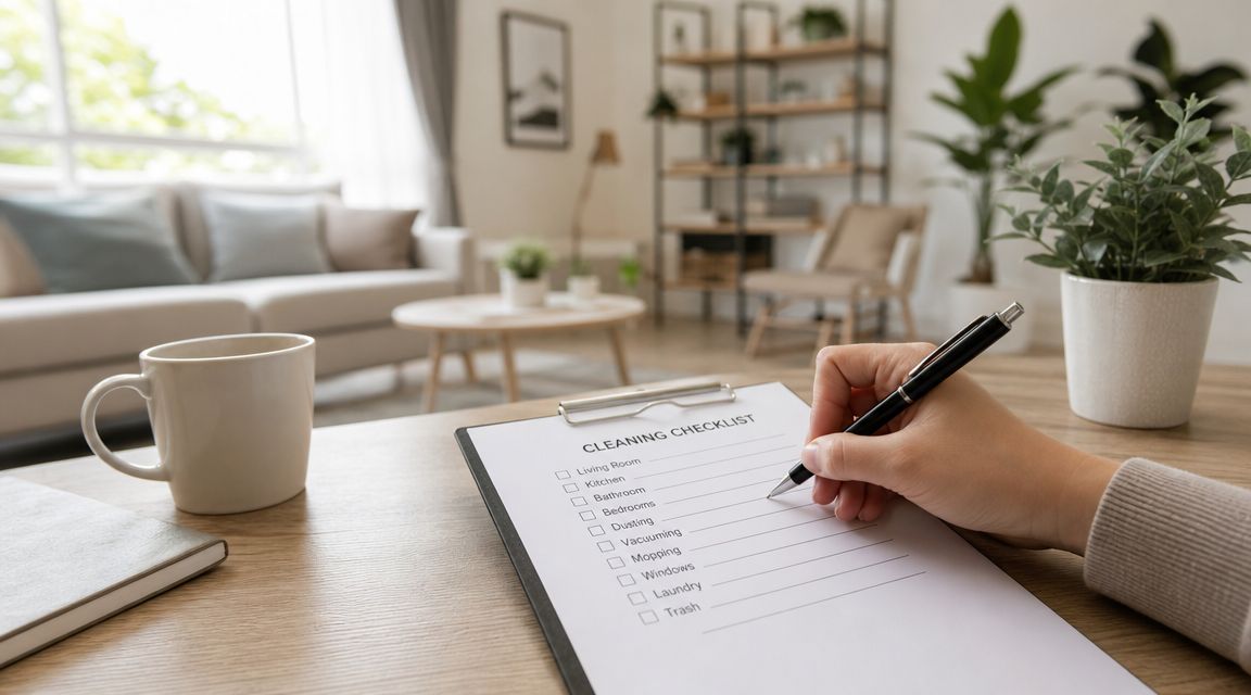 En person sidder ved et bord og udfylder en rengøringstjekliste med en pen i en stue.