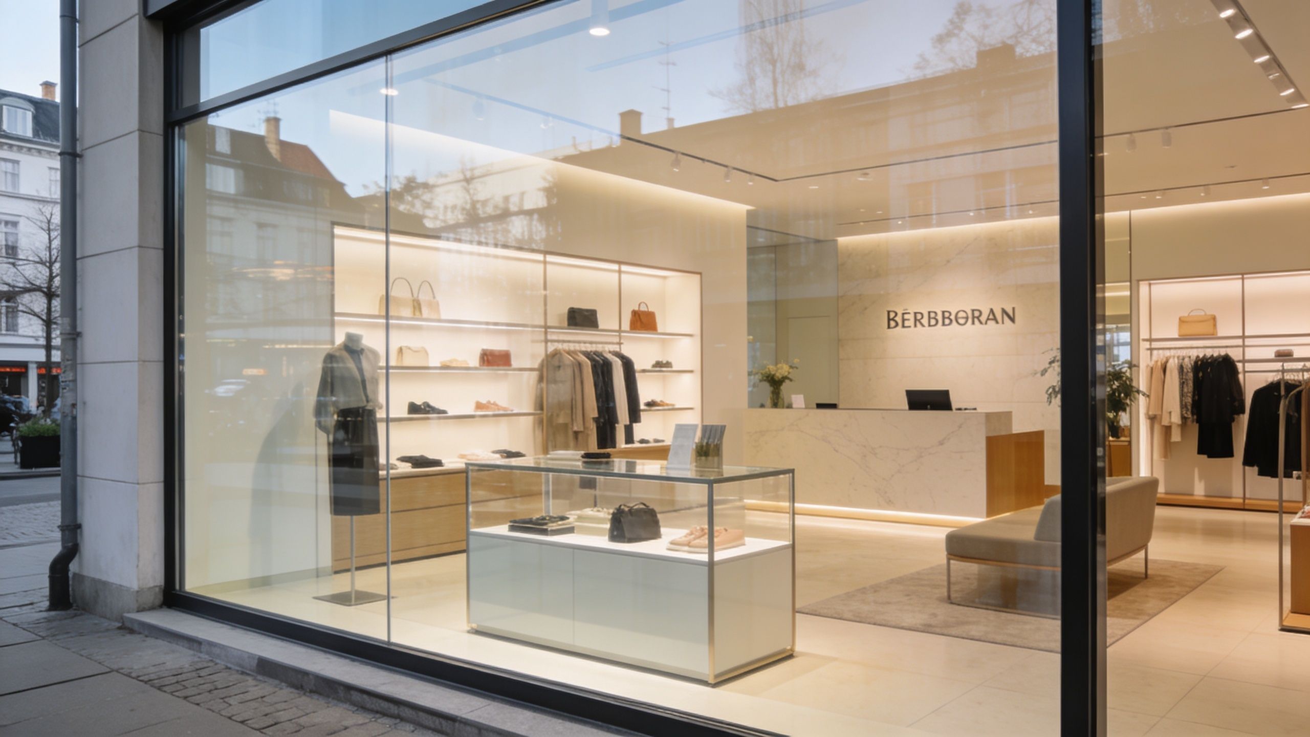 En elegant luksusbutik med udstillingsvindue, stilfuldt tøj og tasker, klar til professionel rengøring i Roskilde.
