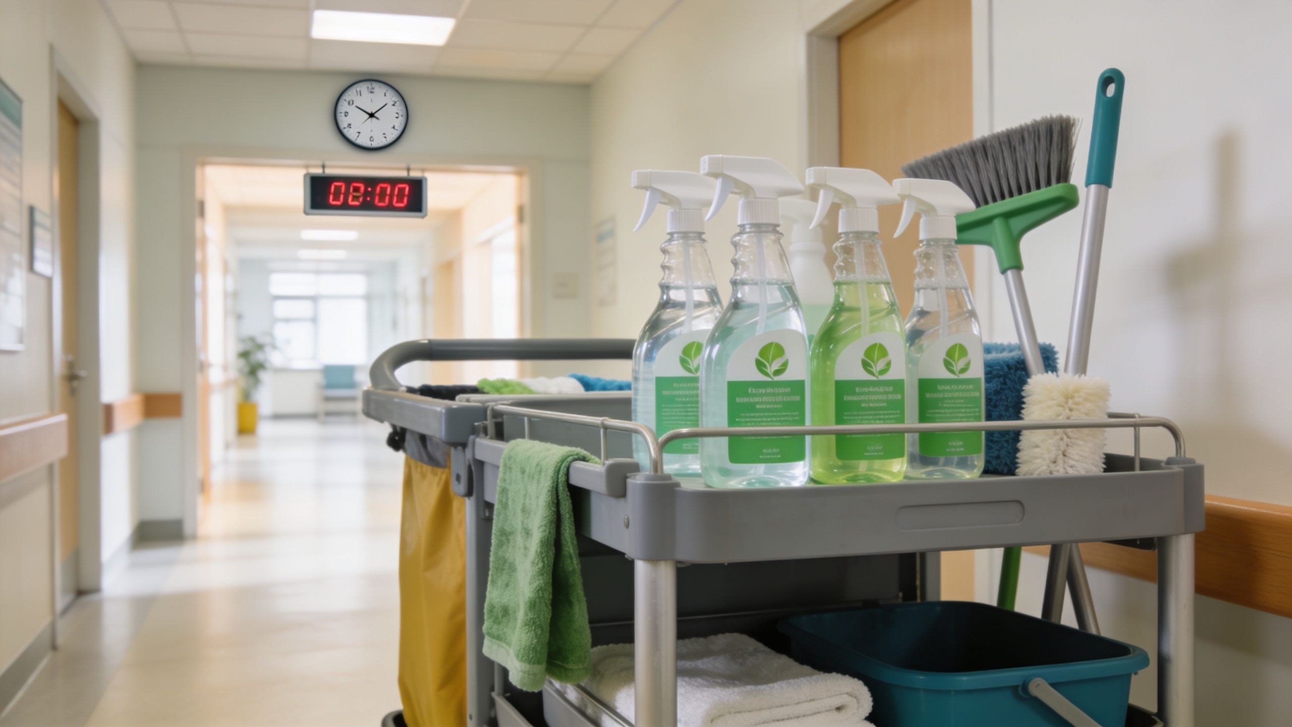 En rengøringsvogn med sprayflasker og redskaber placeret i en lys hospitalsgang med et vægur i baggrunden.