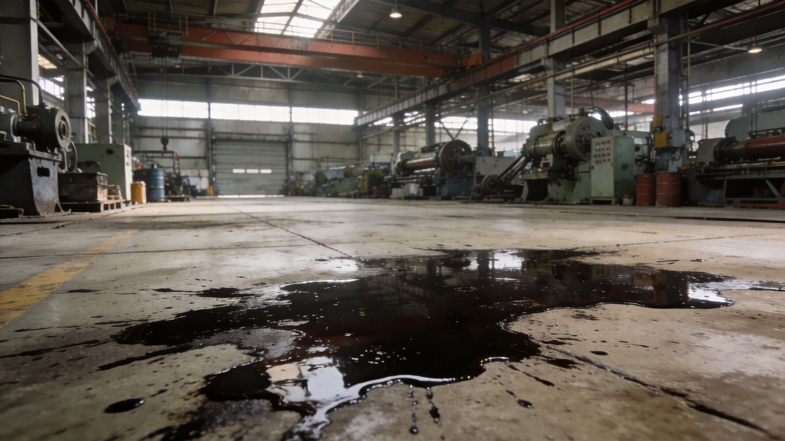 En stor, industriel fabrikshal med et spildt mørkt olieområde på det ujævne betongulv nær maskinerne.