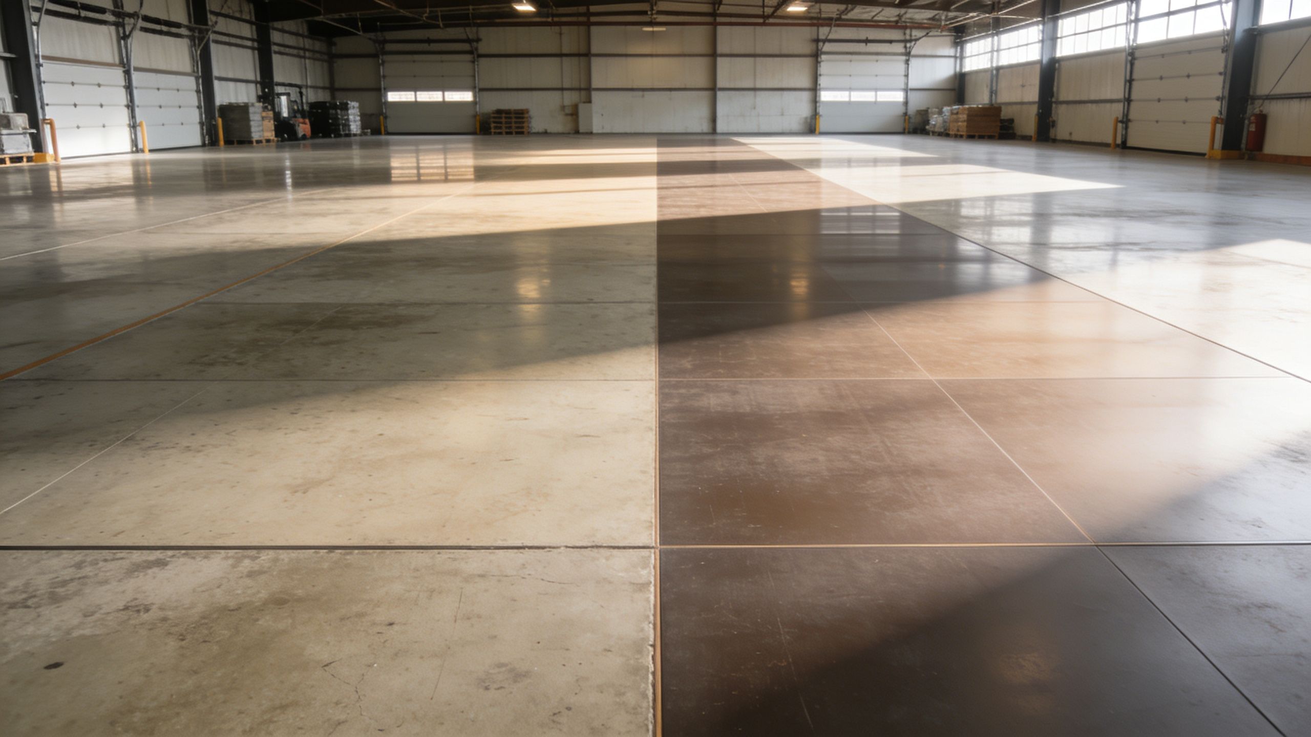 Et tomt, stort lagerlokale med et moderne betongulv opdelt i lyse og mørke sektioner med dagslys.