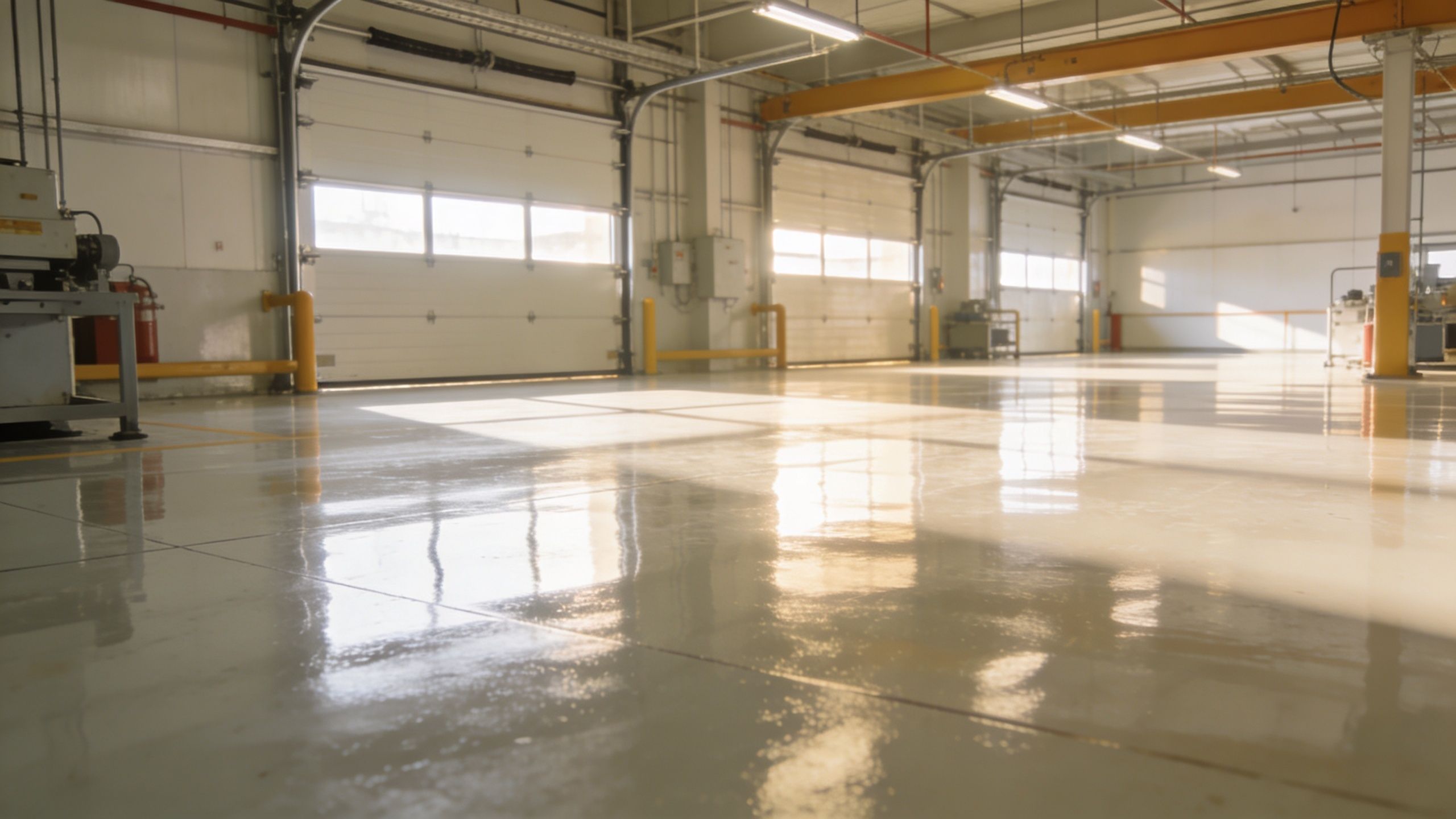 Et lyst og moderne lagerlokale med et skinnende rent epoxygulv i en stor industribygning med porte.