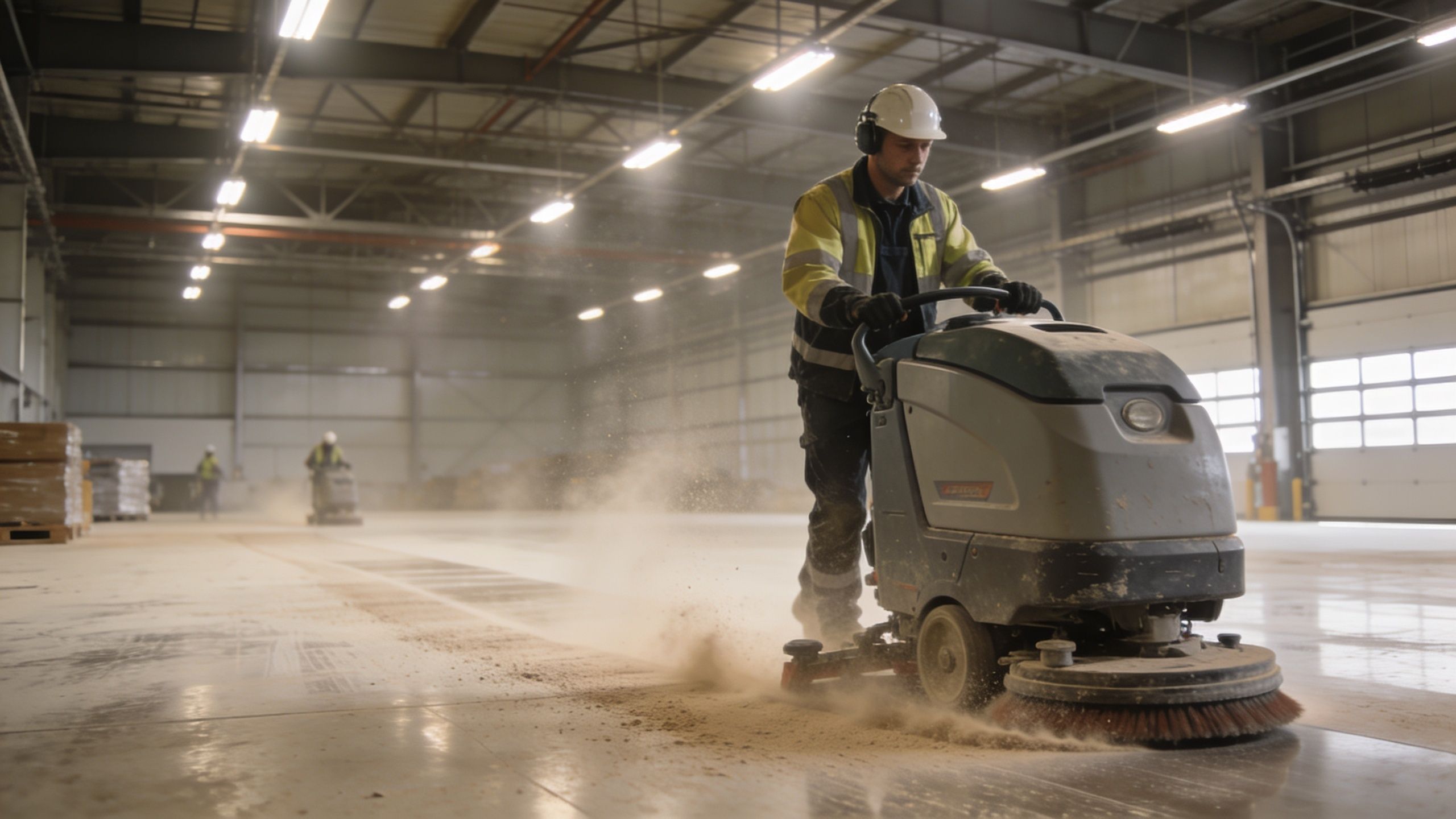 Arbejder der betjener en professionel gulvvaskemaskine til grundig rengøring af et stort og moderne lagerlokale.