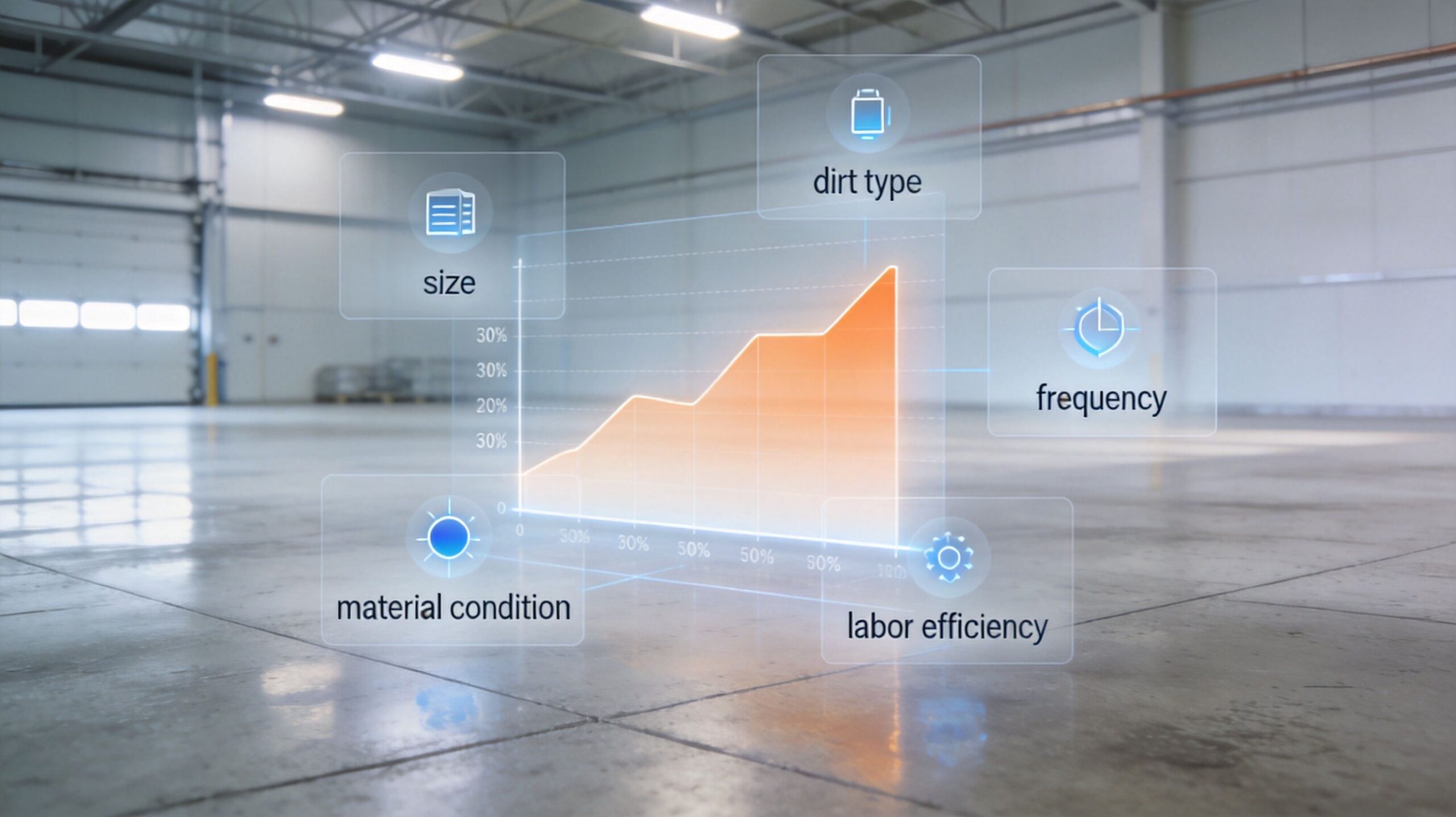 En digital infografik over en tom lagerhal viser effektivitetsdata og nøgleparametre for industriel rengøring.