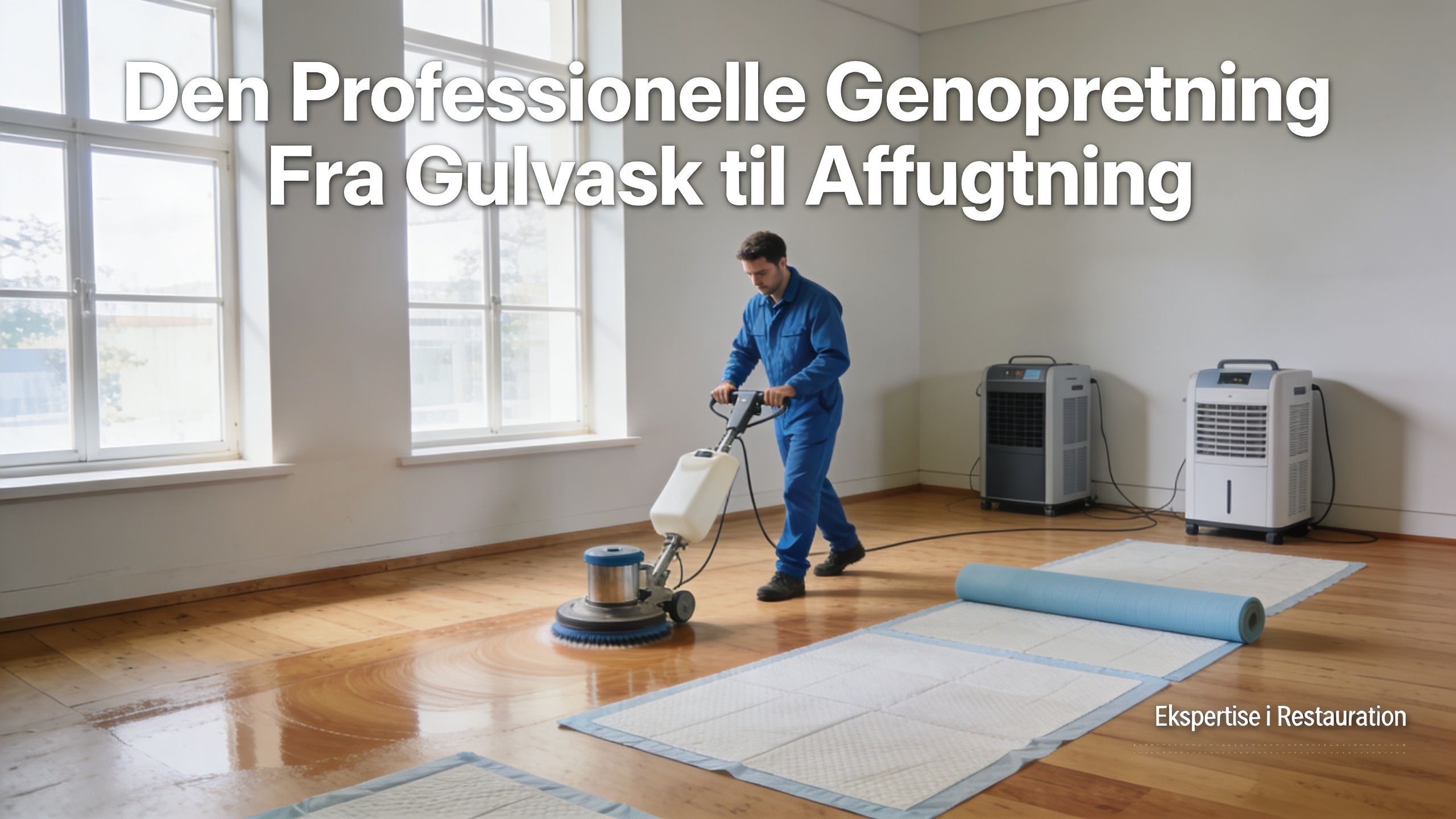 En professionel arbejder i blåt arbejdstøj bruger en gulvvaskemaskine i et lokale med affugtere og underlagsmåtter.