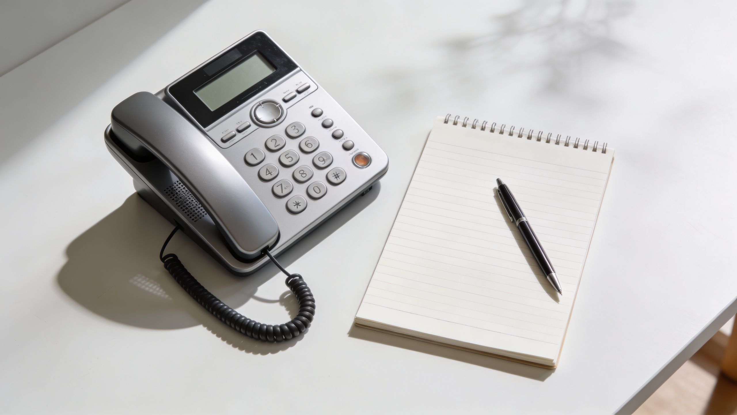 En moderne bordtelefon placeret ved siden af en notesblok og en sort kuglepen på et hvidt skrivebord.