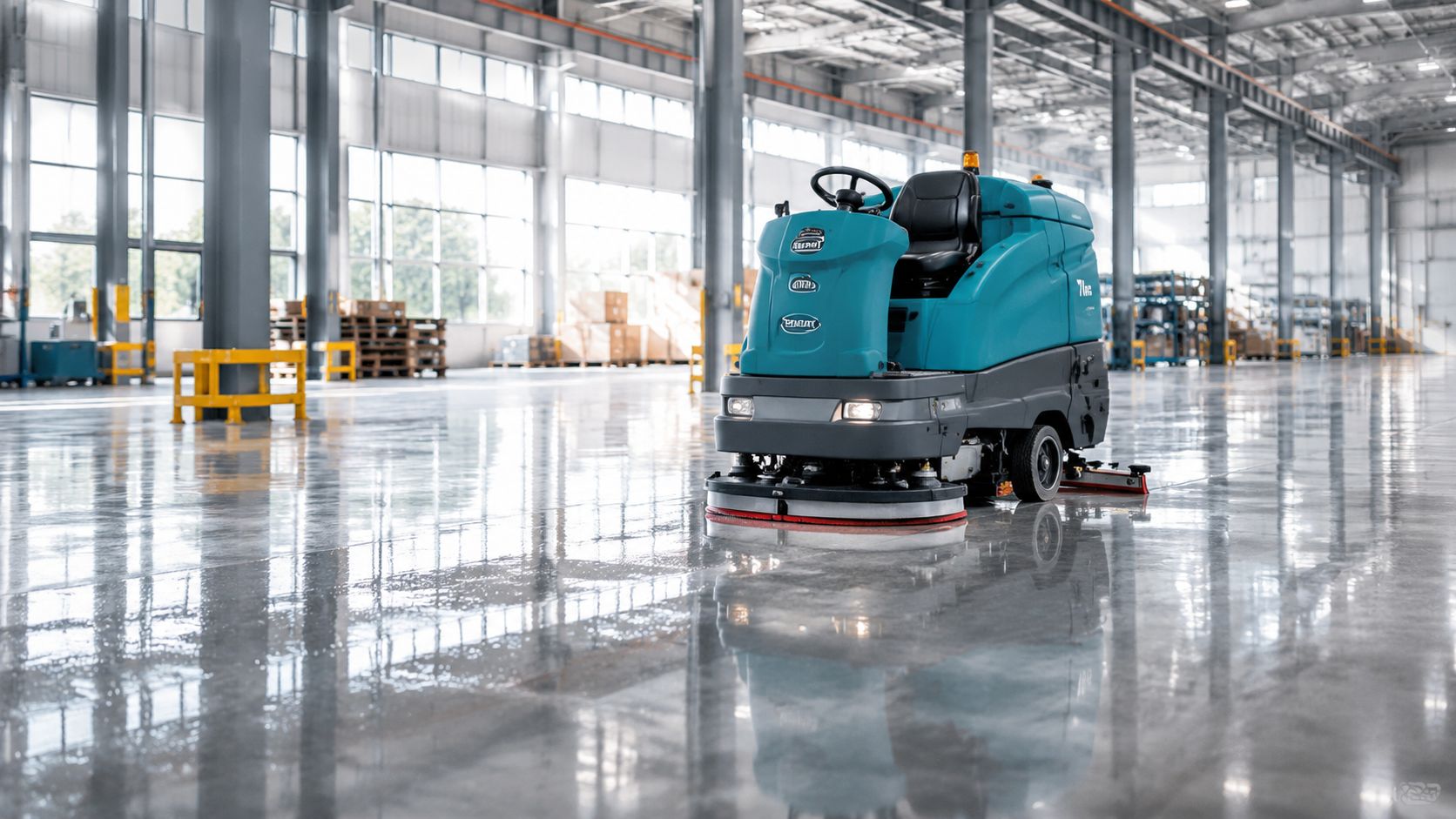 En industriell gulvvaskemaskine placeret på et skinnende, rent lagergulv i en stor, lys industrihal.