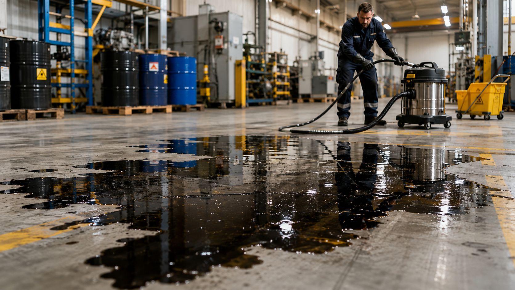 En tekniker i arbejdstøj renser et stort oliespild på gulvet i et lagerlokale ved hjælp af en industristøvsuger.