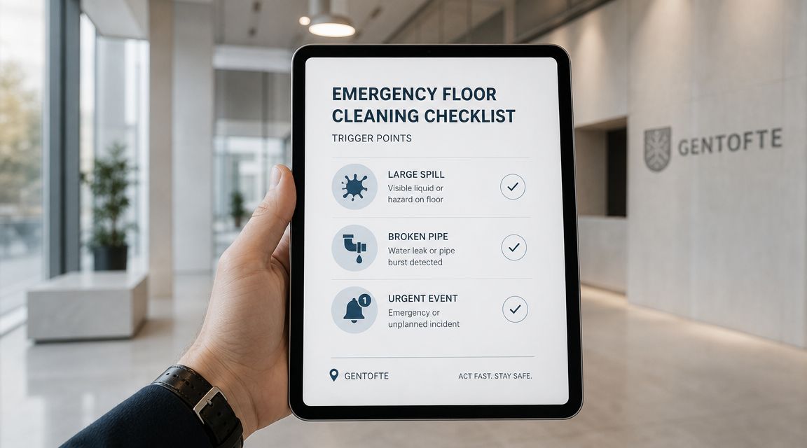 En person holder en tablet med en tjekliste til nødrengøring i Gentofte kommunes kontorbygning.