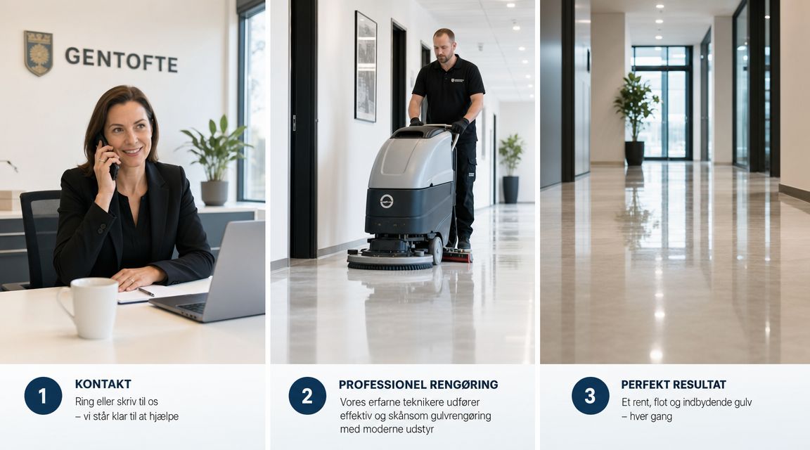 En professionel proces for rengøring af kontorer i Gentofte, fra kundekontakt til det færdige skinnende resultat.