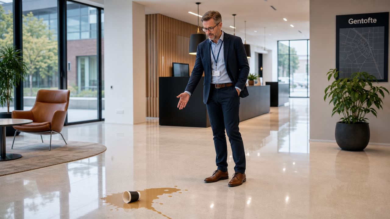 En mand i jakkesæt kigger ned på spildt kaffe på gulvet i en moderne kontorbygning i Gentofte.
