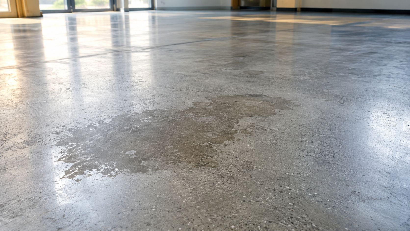 Et poleret betongulv med en tydelig plet af fugt eller spildt væske i et lyst lokale.