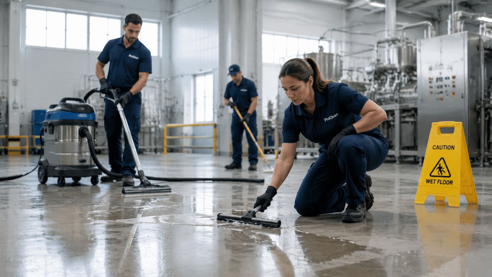 Tre professionelle rengøringsfolk i uniform rengør gulvet i en stor industriel fabrikshal med maskiner og udstyr.