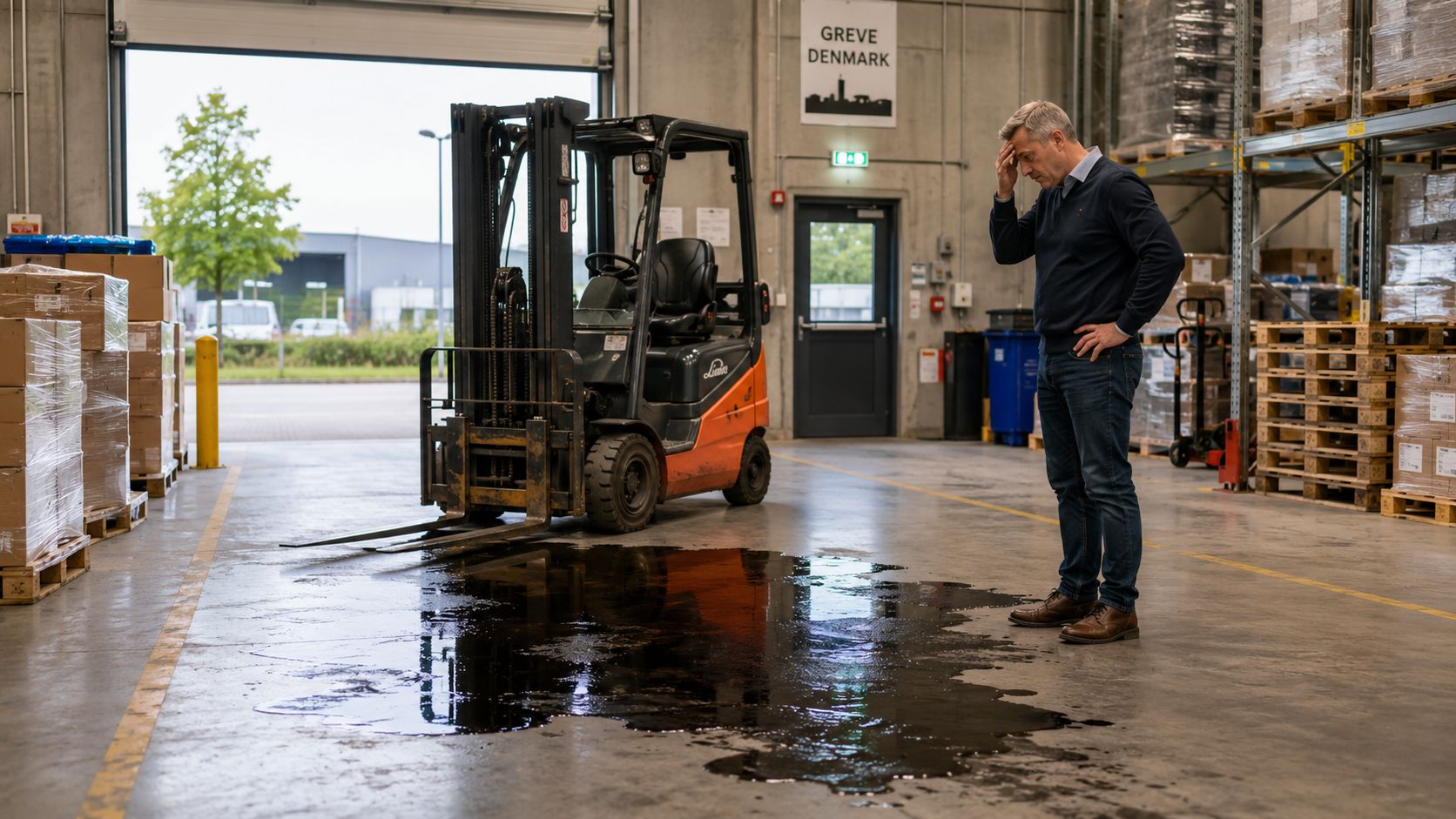 Mand ser bekymret ud over vådt gulv i lager med forklift.