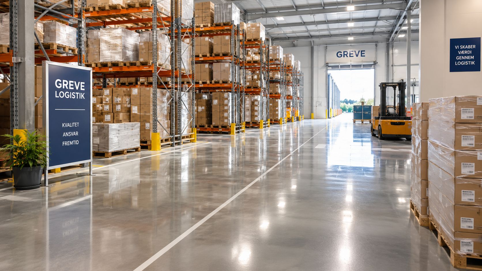Indendørs lager med gulvvask, hylder og truck til logistik.