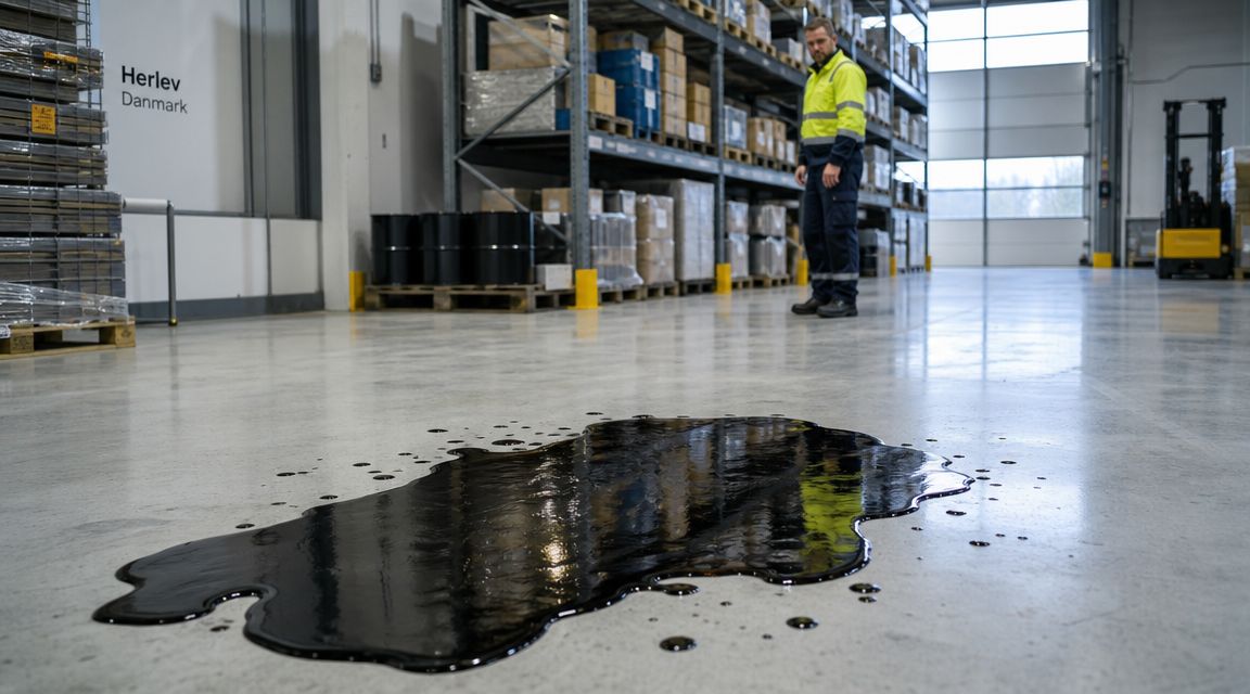Et stort spild af sort væske på betongulvet i et lagerlokale i Herlev med en medarbejder bagved.