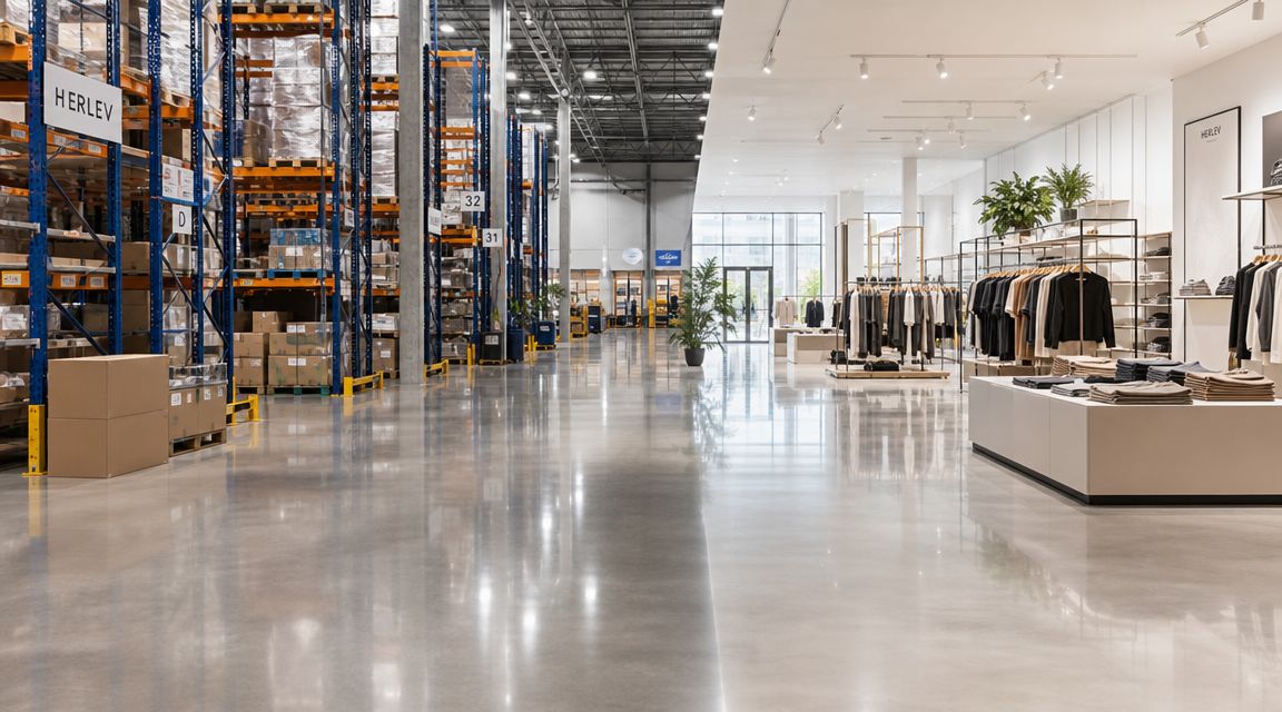 En moderne kombineret lagerhal og tøjbutik med højloftede rum, polerede betongulve og eksklusive tøjstativer i Herlev.