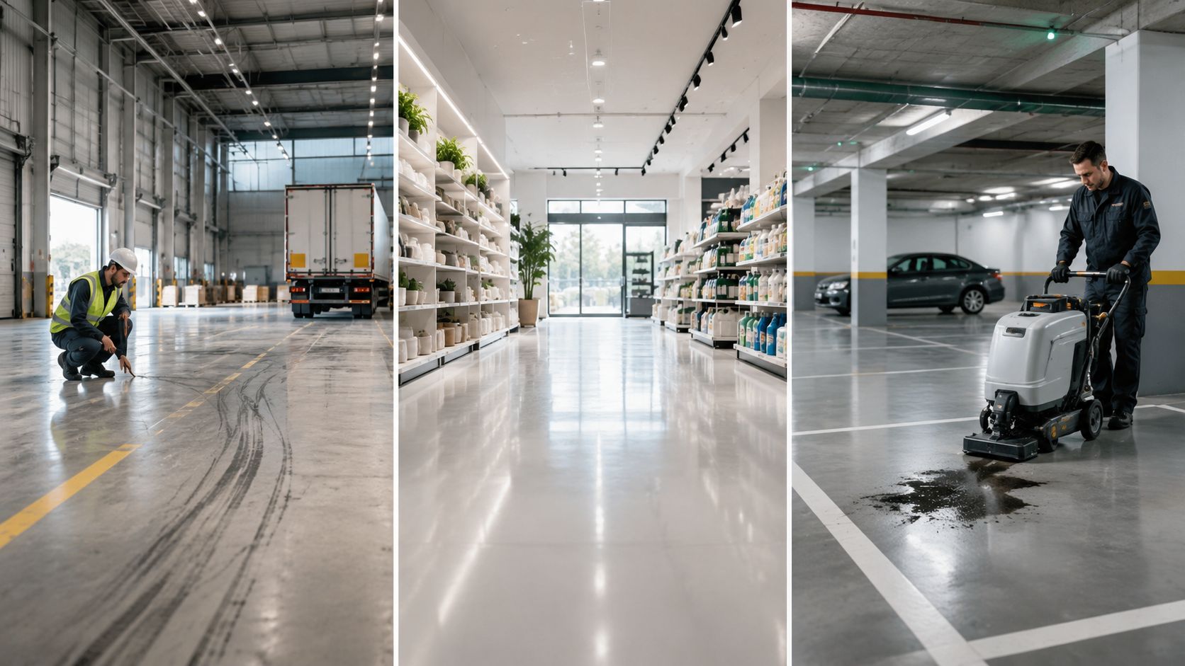 Tre billeder viser professionel gulvrengøring og vedligeholdelse af industrielle områder, lagerbygninger og parkeringskældre i en professionel virksomhed.